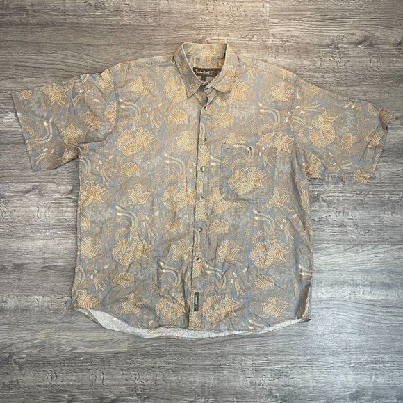 Timberland Weathergear Blue Tan Birds Filagree S/S Buttondown Casual Shirt Sz L - Picture 1 of 4